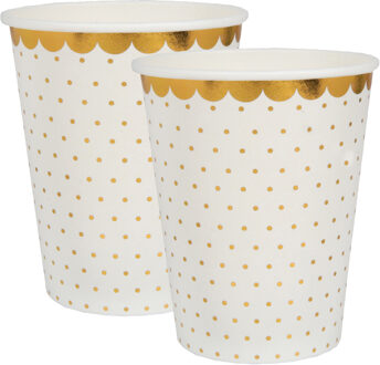 Santex Feest wegwerp bekertjes - stippen - 20x stuks - 270 ml - wit/goud - karton