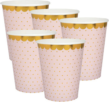 Santex Feest wegwerp bekertjes - stippen - 50x stuks - 270 ml - roze/goud - karton