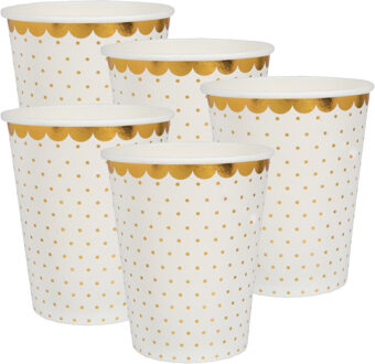 Santex Feest wegwerp bekertjes - stippen - 50x stuks - 270 ml - wit/goud - karton