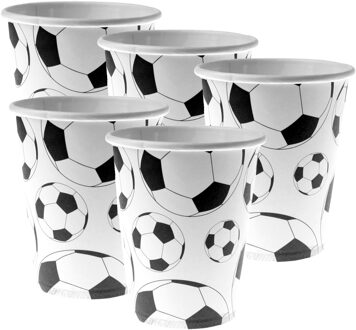 Santex Feest wegwerp bekertjes - voetballen - 50x stuks - 270 ml - wit/zwart - karton