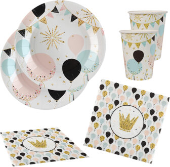 Santex Feest wegwerp servies set - ballon - 10x bordjes / 10x bekers / 20x servetten - wit/goud - Feestpakketten