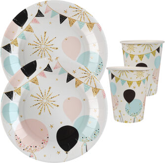 Santex Feest wegwerp servies set - ballon - 20x bordjes / 20x bekers - wit/goud