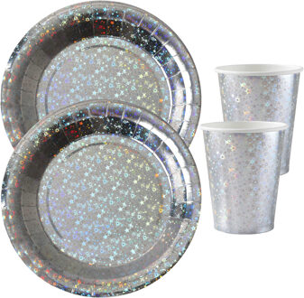 Santex Feest wegwerp servies set - glitter - 10x bordjes / 10x bekers - zilver - Feestpakketten