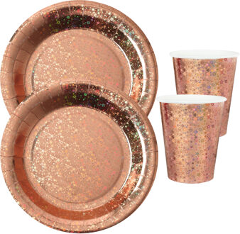 Santex Feest wegwerp servies set - glitter - 20x bordjes / 20x bekers - rose goud