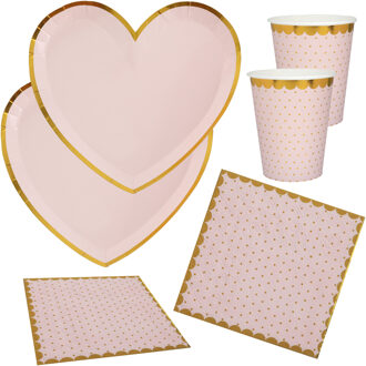 Santex Feest wegwerp servies set - hartje - 10x bordjes / 10x bekers / 20x servetten - roze/goud