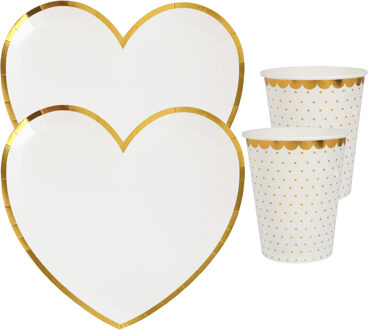 Santex Feest wegwerp servies set - hartje - 20x bordjes / 20x bekers - wit/goud - Feestpakketten