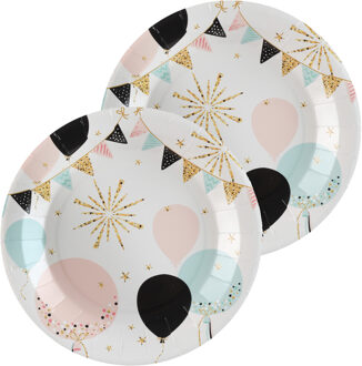 Santex Feest wegwerpbordjes - ballon - 20x stuks - 23 cm - wit/goud