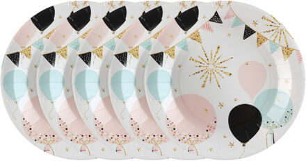 Santex Feest wegwerpbordjes - ballon - 50x stuks - 23 cm - wit/goud