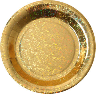 Santex feest wegwerpbordjes - glitter - 10x stuks - 23 cm - goud - Feestbordjes Goudkleurig