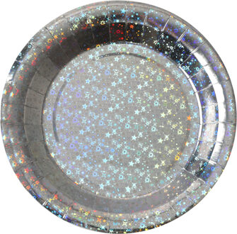 Santex feest wegwerpbordjes - glitter - 10x stuks - 23 cm - zilver - Feestbordjes Zilverkleurig