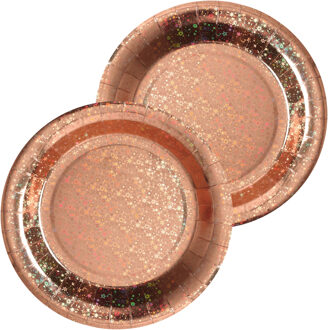 Santex Feest wegwerpbordjes - glitter - 20x stuks - 23 cm - rosegoud