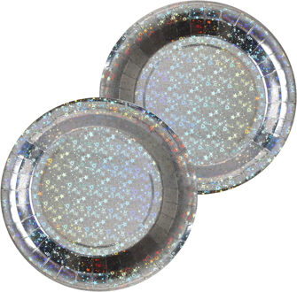 Santex feest wegwerpbordjes - glitter - 20x stuks - 23 cm - zilver - Feestbordjes Zilverkleurig