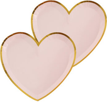 Santex Feest wegwerpbordjes - hartje - 20x stuks - 23 cm - roze/goud