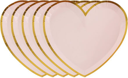 Santex Feest wegwerpbordjes - hartje - 50x stuks - 23 cm - roze/goud