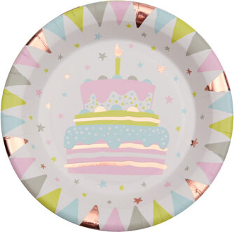 Santex Feest wegwerpbordjes - verjaardagstaart - 10x stuks - 23 cm - rose goud Wit