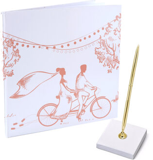Santex Gastenboek/receptieboek met luxe pen in houder - Bruiloft - goud/roze - 24 x 24 cm