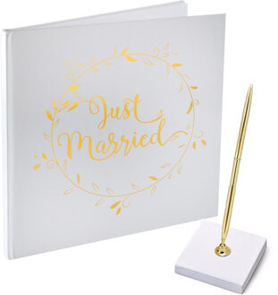 Santex Gastenboek/receptieboek met luxe pen in houder - Bruiloft - goud/wit - 24 x 24 cm - Gastenboeken Goudkleurig