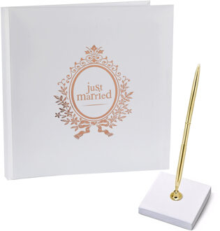 Santex Gastenboek/receptieboek met luxe pen in houder - Bruiloft - rose goud/wit - 24 x 24 cm