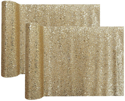 Santex Kerst tafelloper op rol - 2x - goud glitter - 28 x 300 cm - polyester - Tafellakens Goudkleurig