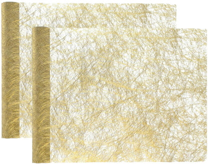 Santex Kerst tafelloper op rol - 2x - polyester - metallic goud - 30 x 500 cm - Tafellakens Goudkleurig