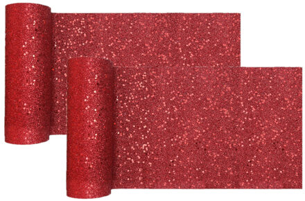 Santex Kerst tafelloper op rol - 2x - rood glitter - 18 x 500 cm - polyester - Tafellakens