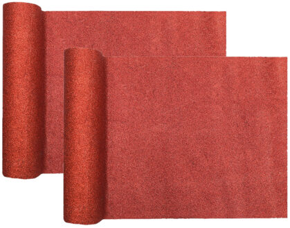 Santex Kerst tafelloper op rol - 2x - rood glitter - 28 x 300 cm - polyester - Tafellakens