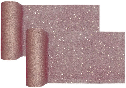 Santex Kerst tafelloper op rol - 2x - rose goud glitter - 18 x 500 cm - polyester - Tafellakens Goudkleurig