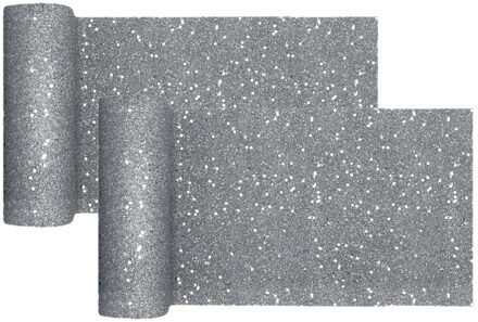 Santex Kerst tafelloper op rol - 2x - zilver glitter - 18 x 500 cm - polyester - Tafellakens Zilverkleurig