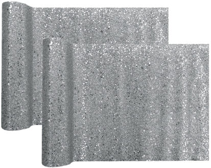 Santex Kerst tafelloper op rol - 2x - zilver glitter - 28 x 300 cm - polyester - Tafellakens Zilverkleurig