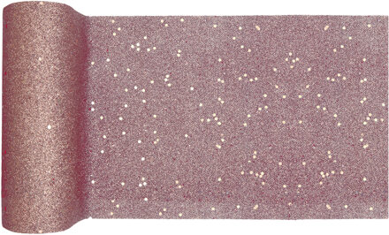 Santex Kerst tafelloper op rol - rose goud glitter - 18 x 500 cm - polyester - Tafellakens Goudkleurig