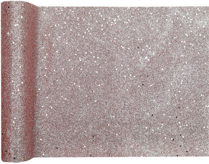 Santex Kerst tafelloper op rol - rose goud glitter - 28 x 300 cm - polyester - Tafellakens Goudkleurig