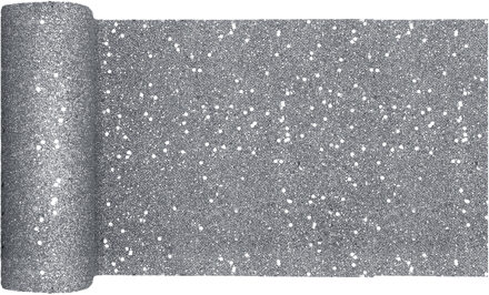 Santex Kerst tafelloper op rol - zilver glitter - 18 x 500 cm - polyester - Tafellakens Zilverkleurig