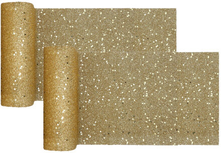 Santex Kerst thema tafelloper op rol - 2x - goud glitter - smal 18 x 500 cm - polyester