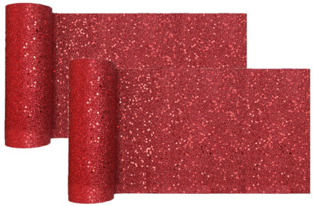 Santex Kerst thema tafelloper op rol - 2x - rood glitter - smal 18 x 500 cm - polyester