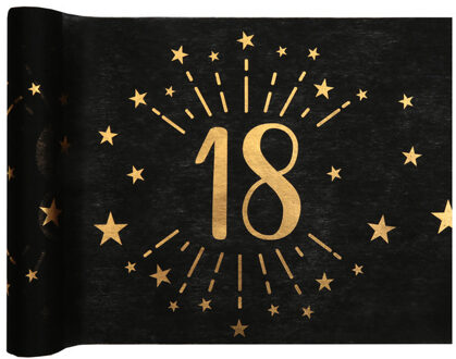 Santex Leeftijd Tafelloper - 18 jaar - 30 x 500 cm - op rol - zwart/goud - verjaardag