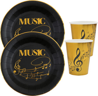 Santex Muziek feest wegwerp servies set - 20x bordjes / 20x bekers - goud/zwart - Feestpakketten