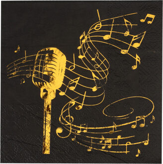 Santex Muziek thema feest servetten - 20x stuks - 25 x 25 cm - papier - zwart/goud