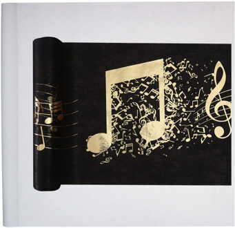 Santex Muziek thema feest tafelkleed met tafelloper - op rol - zwart/wit - 10 m - non woven polyester