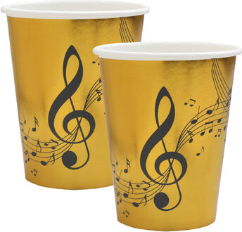 Santex Muziek thema feest wegwerp bekertjes - 20x stuks - 270 ml - karton - music/goud themafeest
