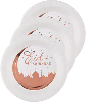 Santex Ramadan thema Eid Mubarak suikerfeest bordjes - 20x - karton - 22 cm - wit/rose goud