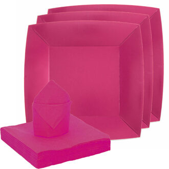 Santex servies set karton - 10x bordjes/25x servetten - fuchsia roze - Feestbordjes