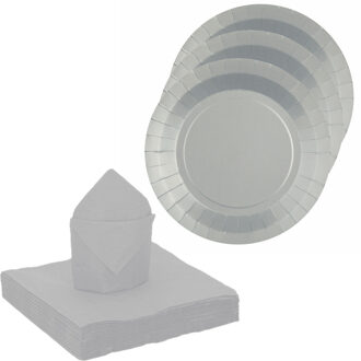 Santex servies set karton - 10x bordjes/25x servetten - zilver - Feestbordjes Zilverkleurig