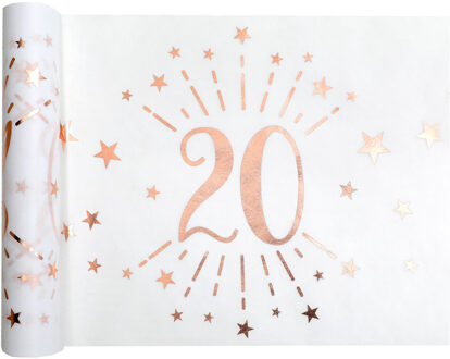Santex Tafelloper op rol - 20 jaar verjaardag - wit/rose goud - 30 x 500 cm - polyester