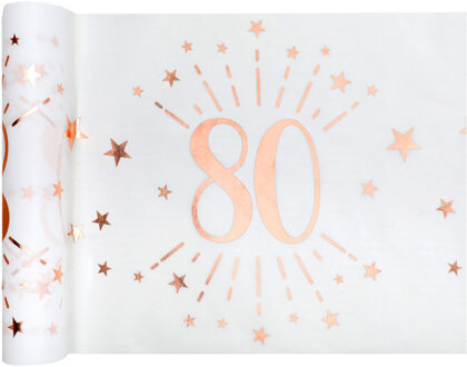 Santex Tafelloper op rol - 2x - 80 jaar verjaardag - wit/rose goud - 30 x 500 cm - polyester - Feesttafelkleden