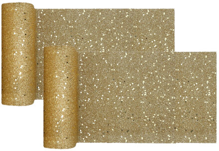 Santex Tafelloper op rol - 2x -goud glitter - 18 x 500 cm - polyester - Feesttafelkleden Goudkleurig