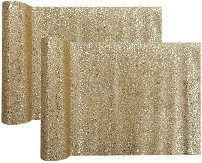 Santex Tafelloper op rol - 2x - goud glitter - 28 x 300 cm - polyester - Feesttafelkleden Goudkleurig