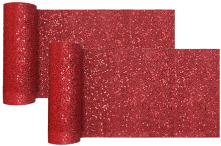 Santex Tafelloper op rol - 2x - rood glitter - smal 18 x 500 cm - polyester