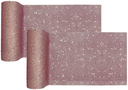 Santex Tafelloper op rol - 2x - rose goud glitter - 18 x 500 cm - polyester - Feesttafelkleden Goudkleurig