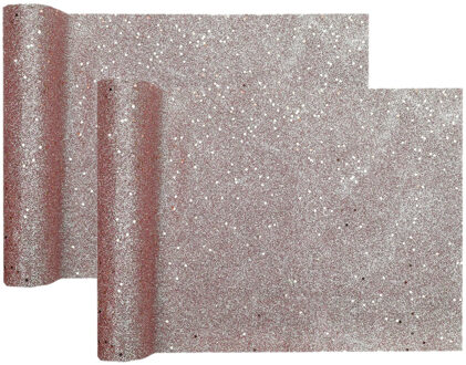 Santex Tafelloper op rol - 2x - rose goud glitter - 28 x 300 cm - polyester - Feesttafelkleden Goudkleurig