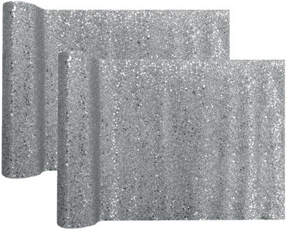 Santex Tafelloper op rol - 2x - zilver glitter - 28 x 300 cm - polyester - Feesttafelkleden Zilverkleurig